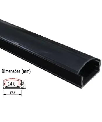 Perfil 2m Preto p/ Fita LED c/ Difusor Preto 18x7mm